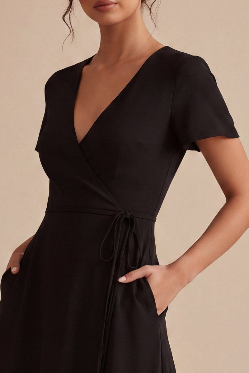 Load image into Gallery viewer, A Line High Low Short Sleeves V-Neck Little Black Dress with Pockets