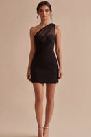 Load image into Gallery viewer, One Shoulder Tight Ruched Mesh Little Black Dress