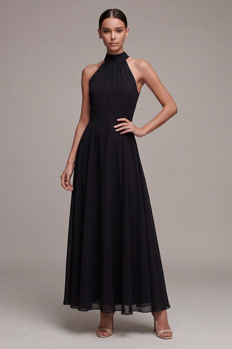 Queendancer Women Black Chiffon Maxi Formal Dress Halter Backless A