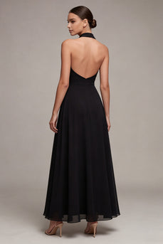 Halter Backless A Line Maxi Black Formal Dress