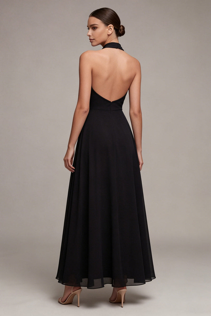 Load image into Gallery viewer, Halter Backless A Line Maxi Black Formal Dress
