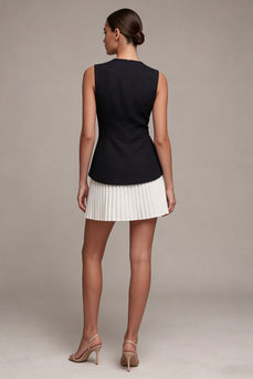 Black and White Round Neck A Line Cocktail Dress with Pleats
