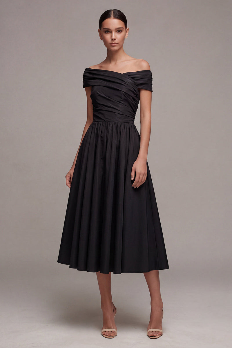 Load image into Gallery viewer, Black Ruched Maxi A Line Off the Shoulder Formal Dress