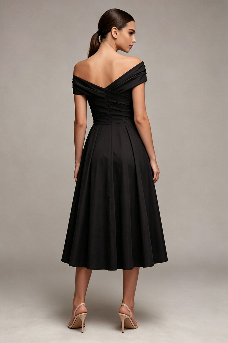 Load image into Gallery viewer, Black Ruched Maxi A Line Off the Shoulder Formal Dress