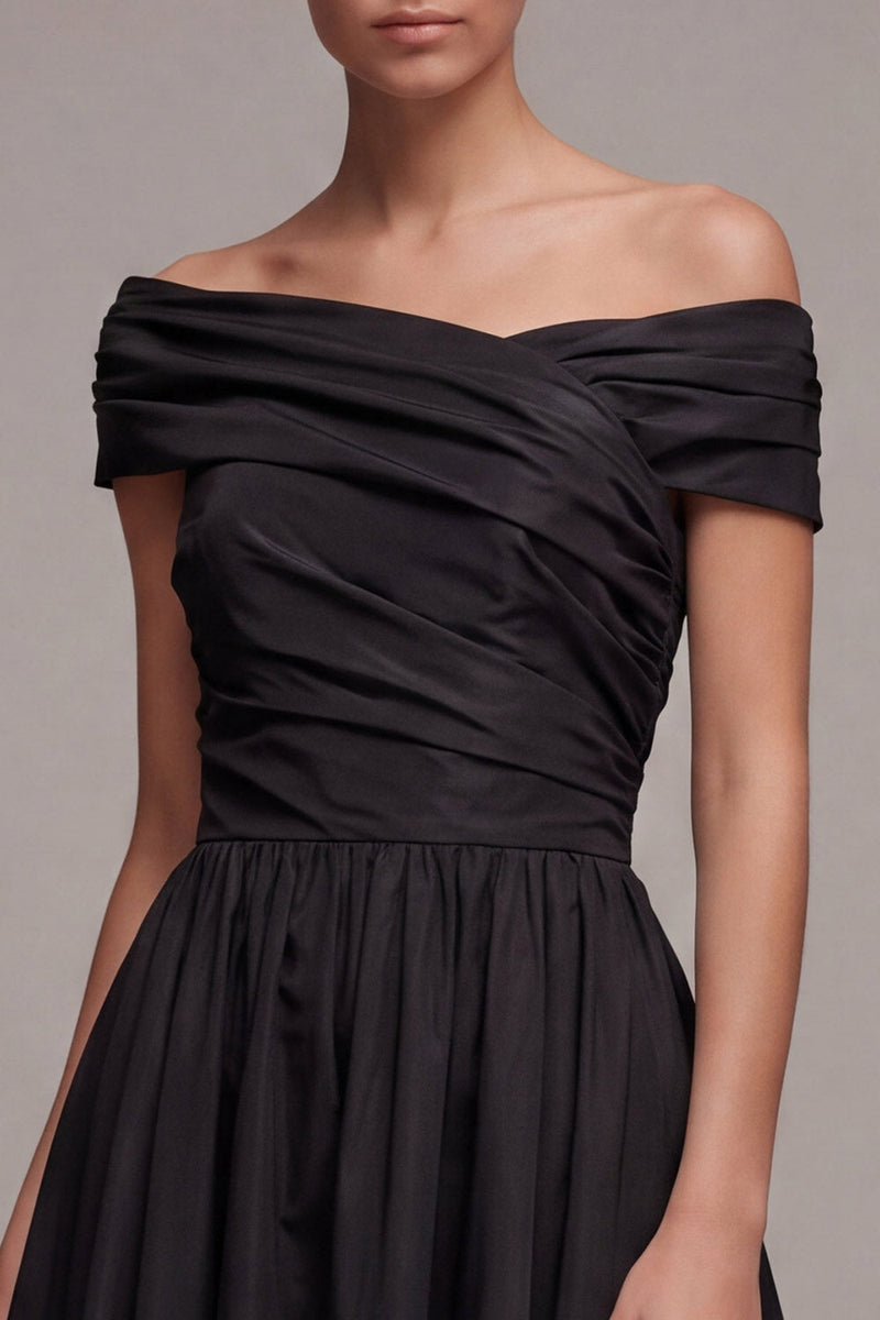 Load image into Gallery viewer, Black Ruched Maxi A Line Off the Shoulder Formal Dress
