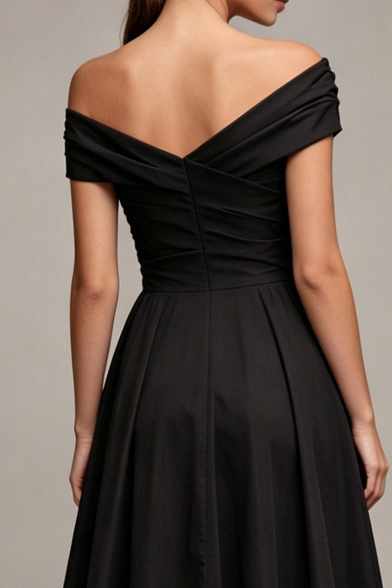 Load image into Gallery viewer, Black Ruched Maxi A Line Off the Shoulder Formal Dress