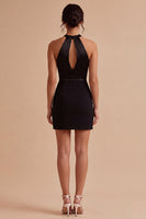 Load image into Gallery viewer, Keyhole Round Neck Tight Ruched Little Black Dress