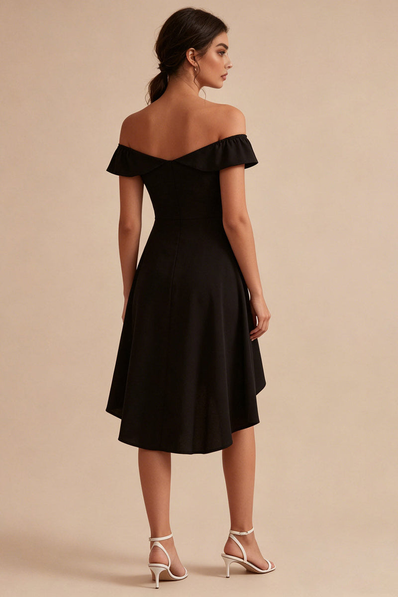 Load image into Gallery viewer, A Line High Low Off the Shoulder Little Black Dress