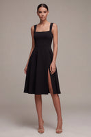 Load image into Gallery viewer, A Line Square Neck Midi Little Black Dress with Slit