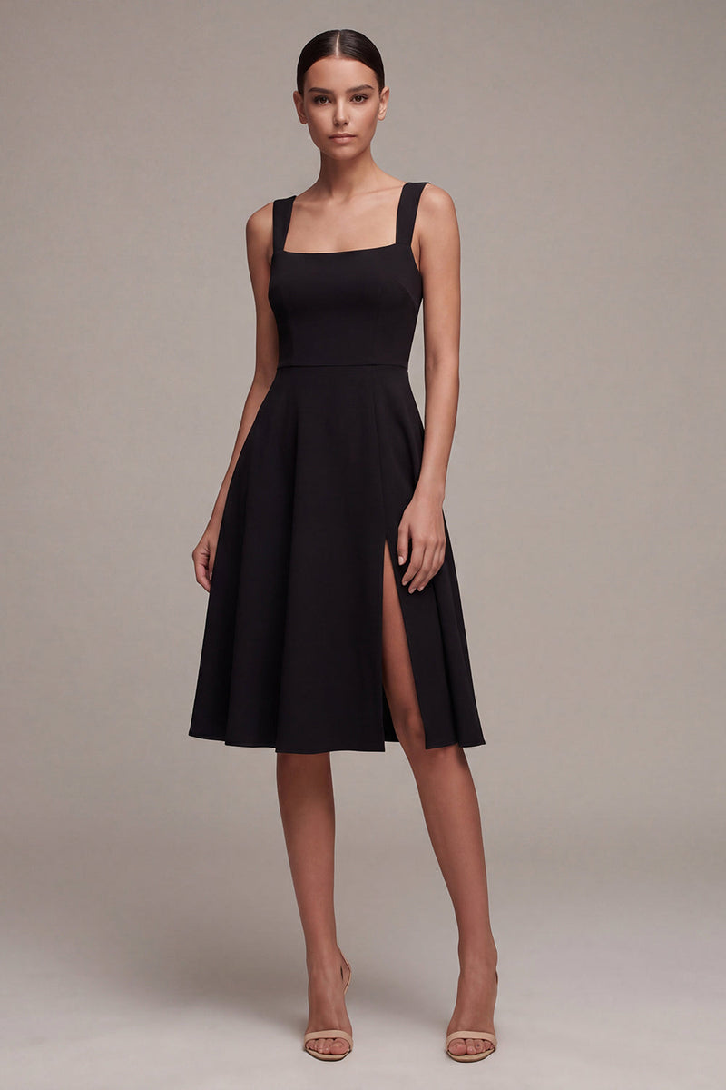 Load image into Gallery viewer, A Line Square Neck Midi Little Black Dress with Slit