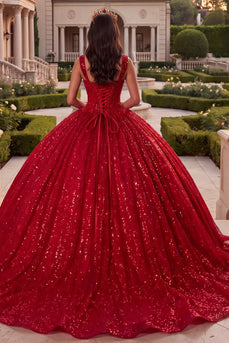 Sparkly Red Princess Long Corset Sequin Thick Straps Prom Dress