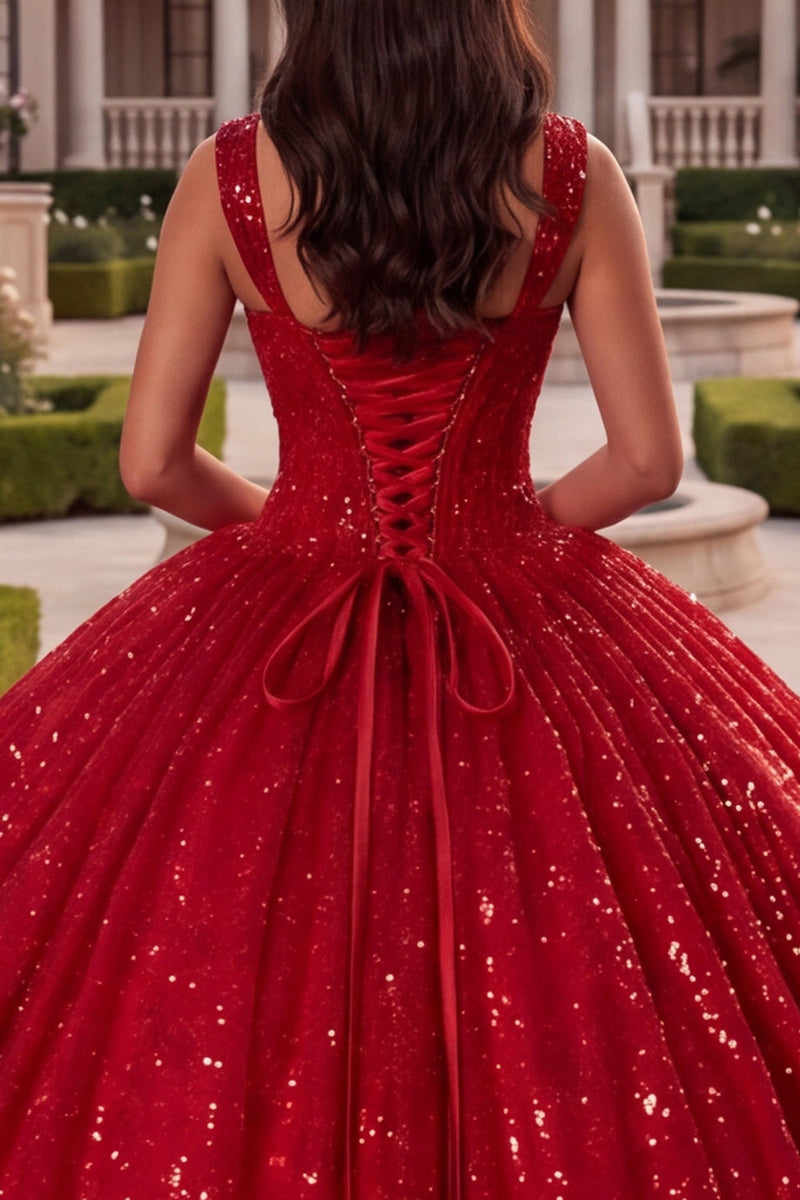 Load image into Gallery viewer, Sparkly Red Princess Long Corset Sequin Thick Straps Prom Dress