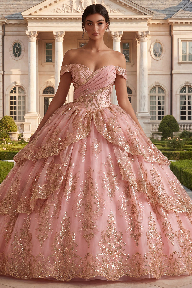 Load image into Gallery viewer, Sparkly Princess Sequin Ruched Pink Long Off the Shoulder Prom Dress