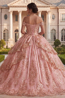 Load image into Gallery viewer, Sparkly Princess Sequin Ruched Pink Long Off the Shoulder Prom Dress