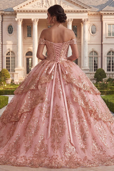 Sparkly Princess Sequin Ruched Pink Long Off the Shoulder Prom Dress
