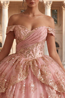 Load image into Gallery viewer, Sparkly Princess Sequin Ruched Pink Long Off the Shoulder Prom Dress