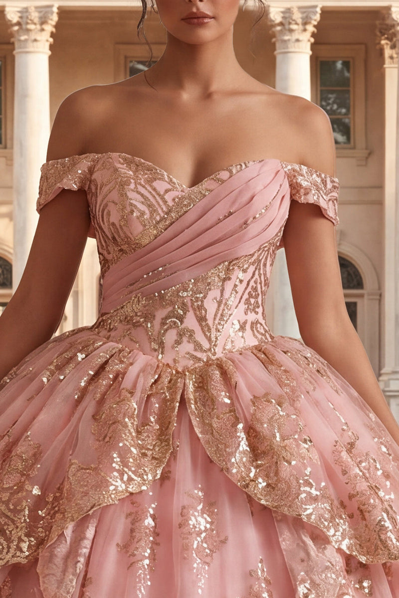 Load image into Gallery viewer, Sparkly Princess Sequin Ruched Pink Long Off the Shoulder Prom Dress
