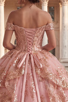 Load image into Gallery viewer, Sparkly Princess Sequin Ruched Pink Long Off the Shoulder Prom Dress
