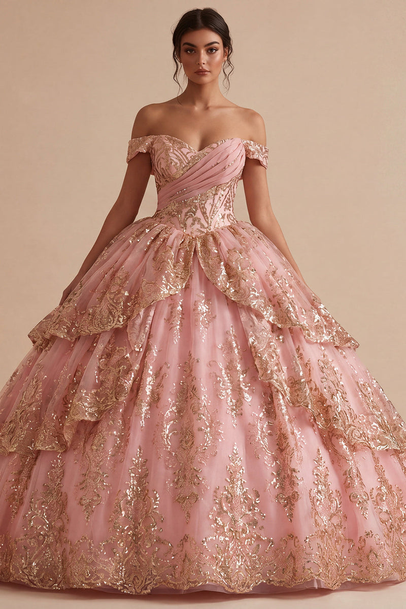 Load image into Gallery viewer, Sparkly Princess Sequin Ruched Pink Long Off the Shoulder Prom Dress