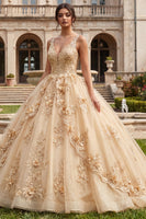 Load image into Gallery viewer, V-Neck Glitter Champagne Floral Princess Long Prom Dress
