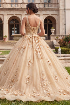 V-Neck Glitter Champagne Floral Princess Long Prom Dress