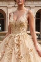 Load image into Gallery viewer, V-Neck Glitter Champagne Floral Princess Long Prom Dress