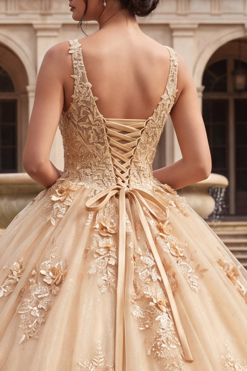 Load image into Gallery viewer, V-Neck Glitter Champagne Floral Princess Long Prom Dress