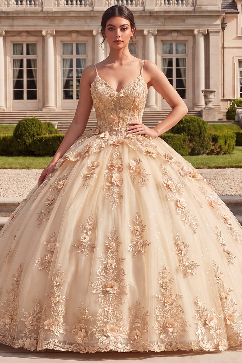 Load image into Gallery viewer, Champagne Corset Spaghetti Straps Floral Glitter Long Prom Dress