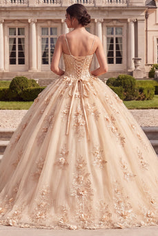 Champagne Corset Spaghetti Straps Floral Glitter Long Prom Dress