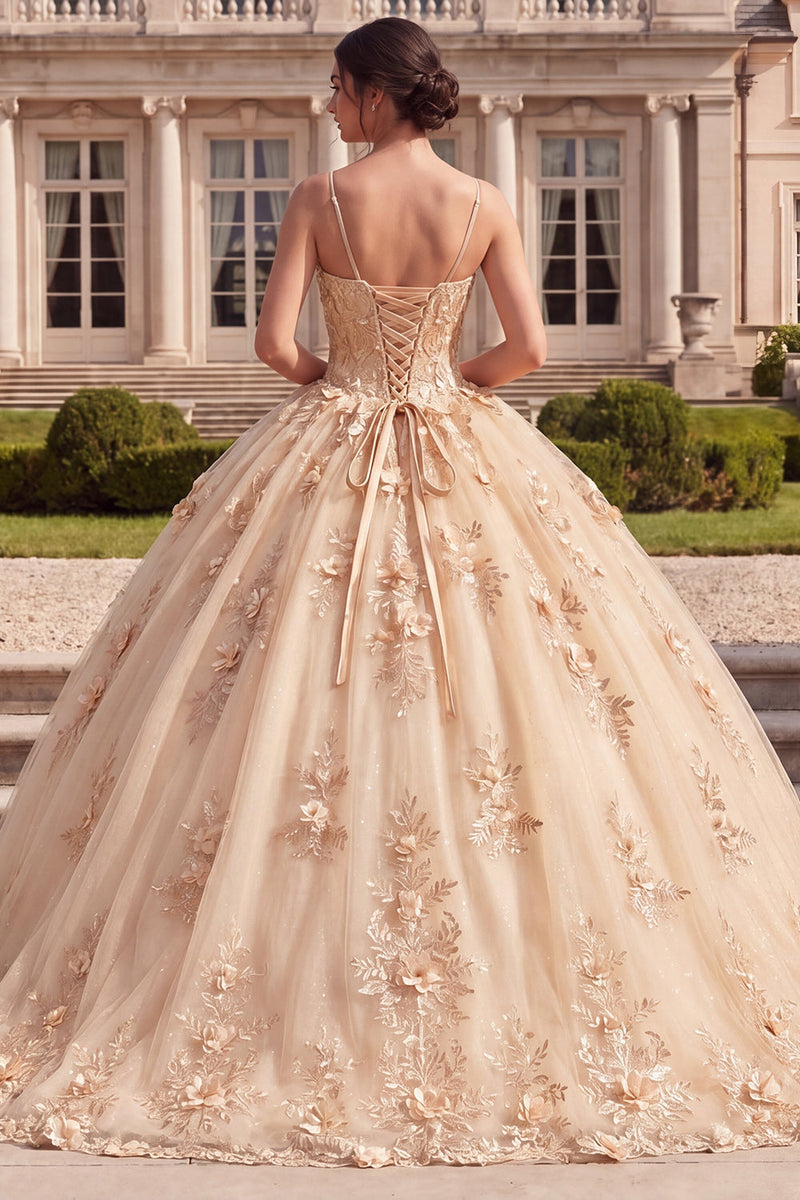 Load image into Gallery viewer, Champagne Corset Spaghetti Straps Floral Glitter Long Prom Dress