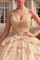 Load image into Gallery viewer, Champagne Corset Spaghetti Straps Floral Glitter Long Prom Dress