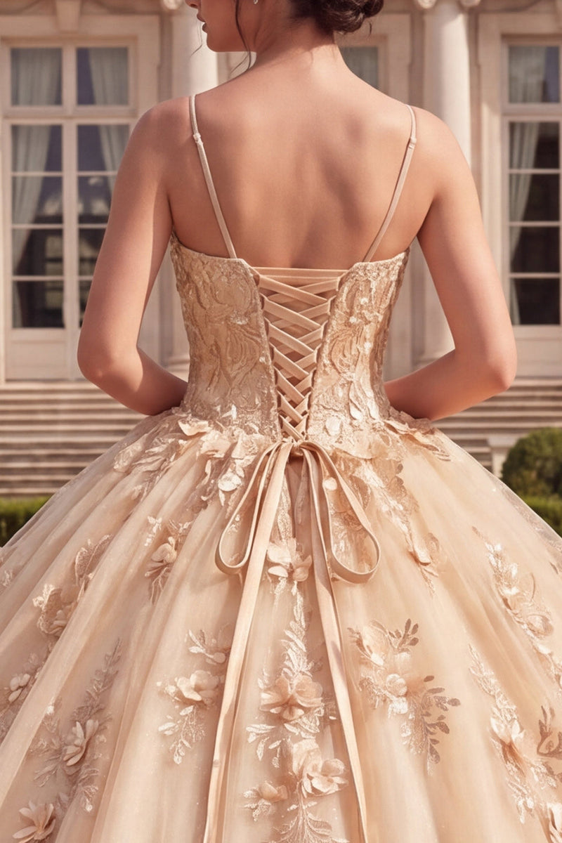 Load image into Gallery viewer, Champagne Corset Spaghetti Straps Floral Glitter Long Prom Dress