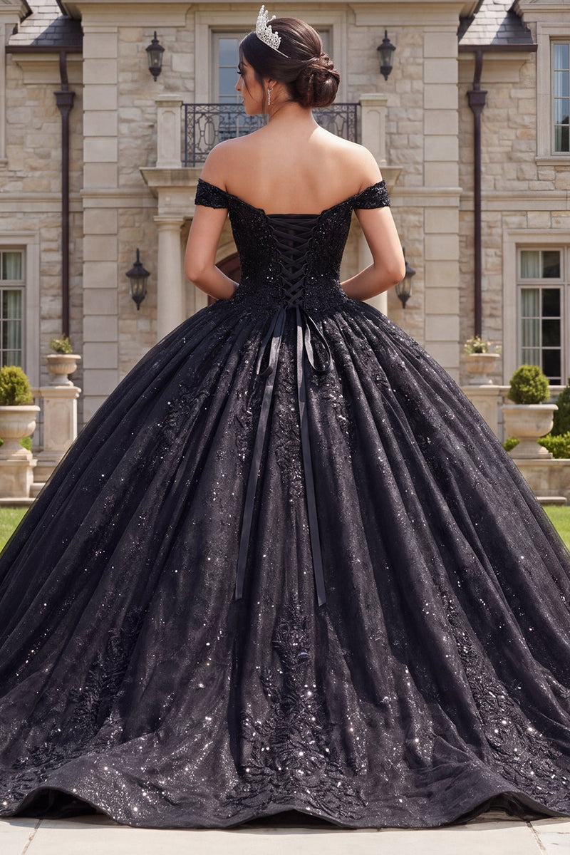 Load image into Gallery viewer, Sparkly Off the Shoulder Black Long Prom Dress with Beading