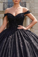 Load image into Gallery viewer, Sparkly Off the Shoulder Black Long Prom Dress with Beading