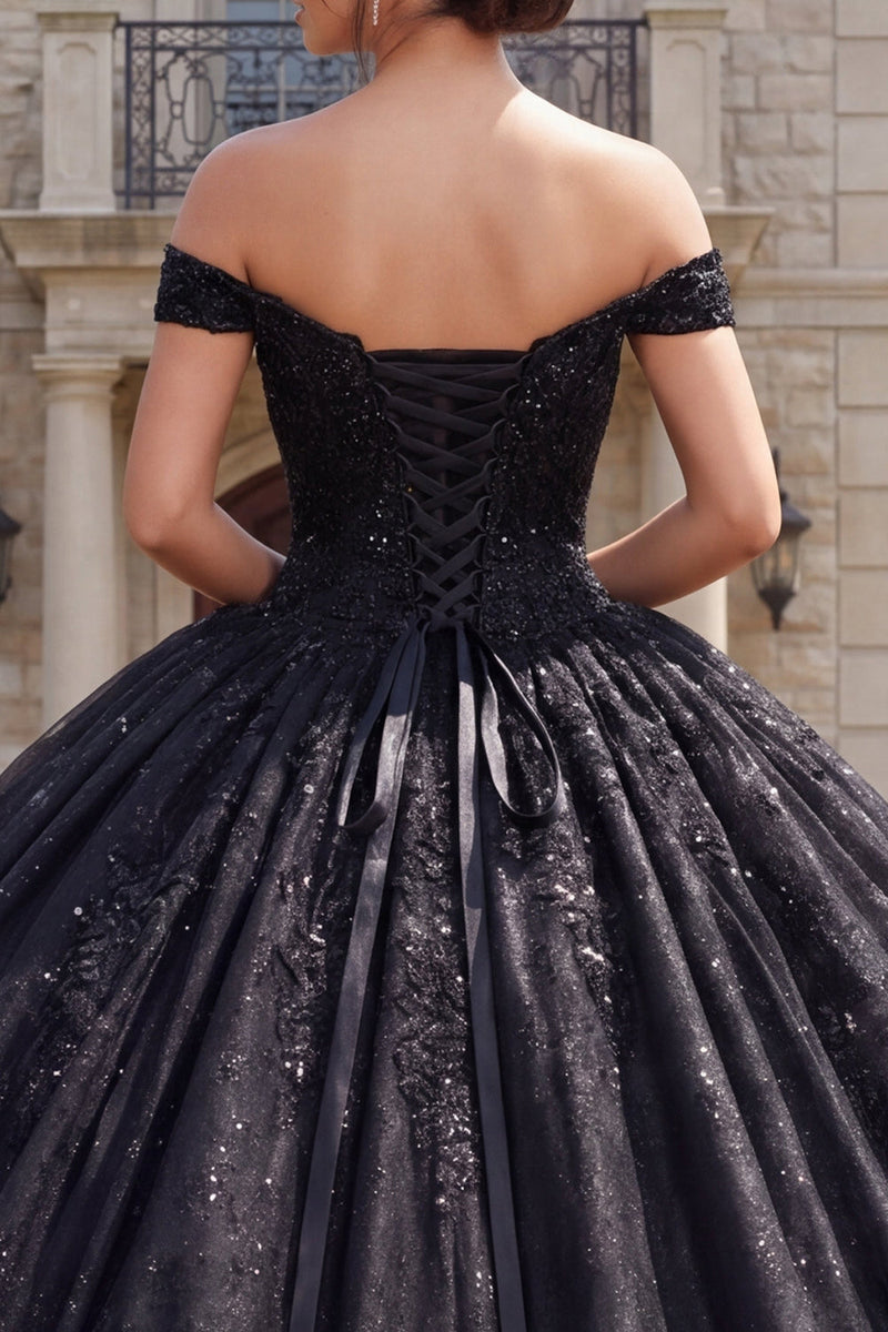 Load image into Gallery viewer, Sparkly Off the Shoulder Black Long Prom Dress with Beading