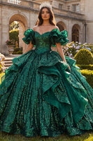 Load image into Gallery viewer, Sparkly Dark Green Sequin Long Prom Dress with Ruffles