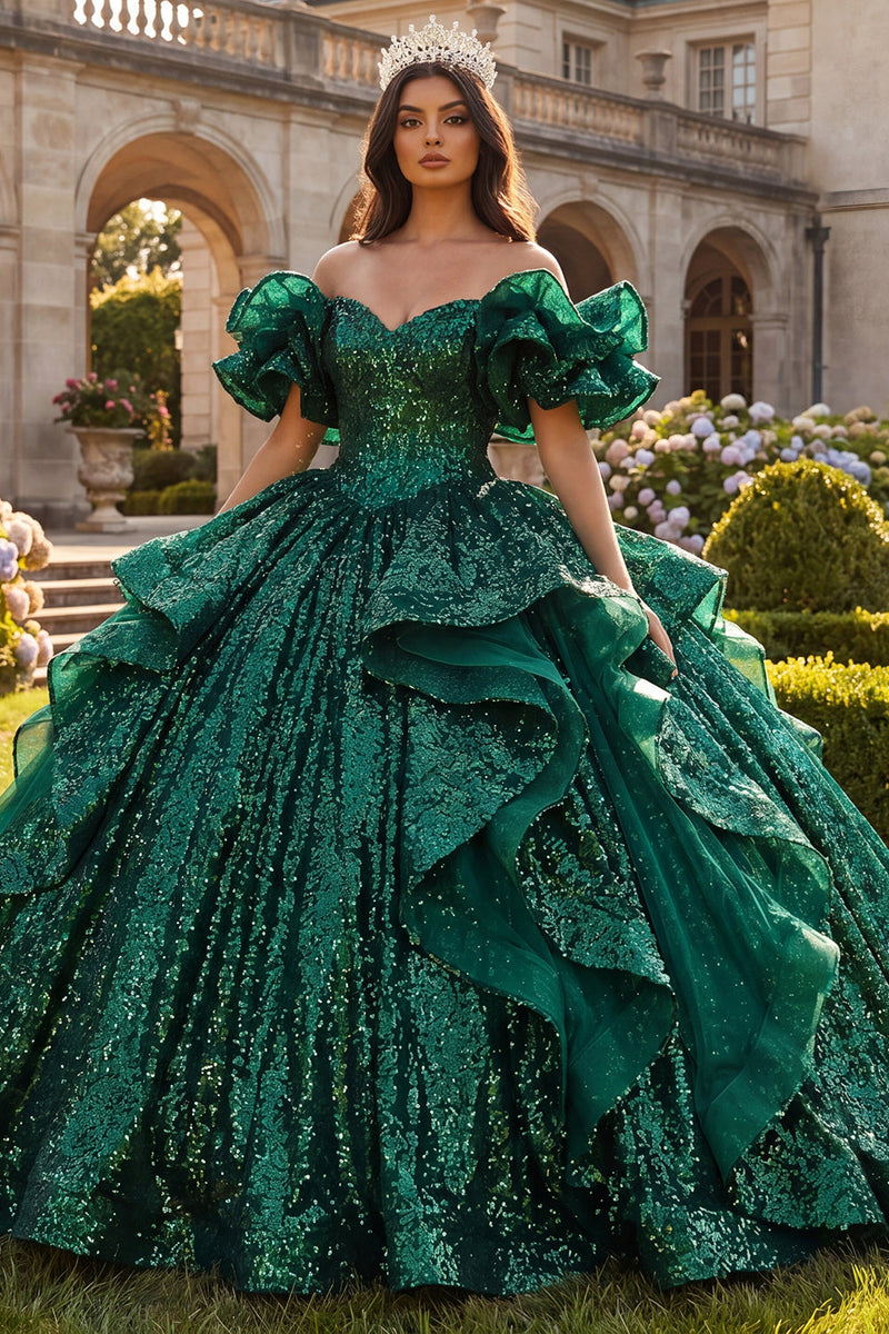 Load image into Gallery viewer, Sparkly Dark Green Sequin Long Prom Dress with Ruffles