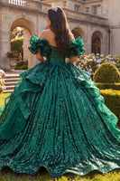 Load image into Gallery viewer, Sparkly Dark Green Sequin Long Prom Dress with Ruffles