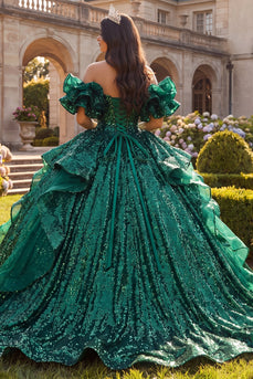 Sparkly Dark Green Sequin Long Prom Dress with Ruffles
