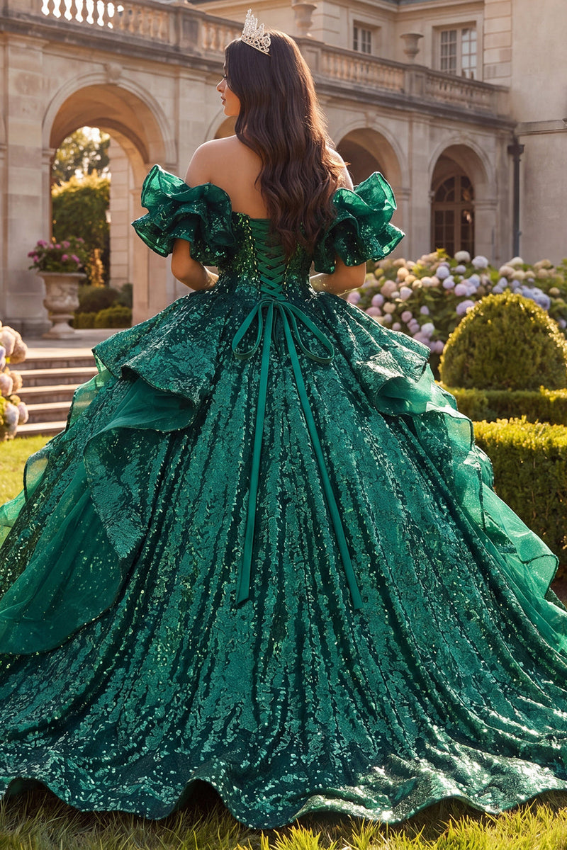 Load image into Gallery viewer, Sparkly Dark Green Sequin Long Prom Dress with Ruffles