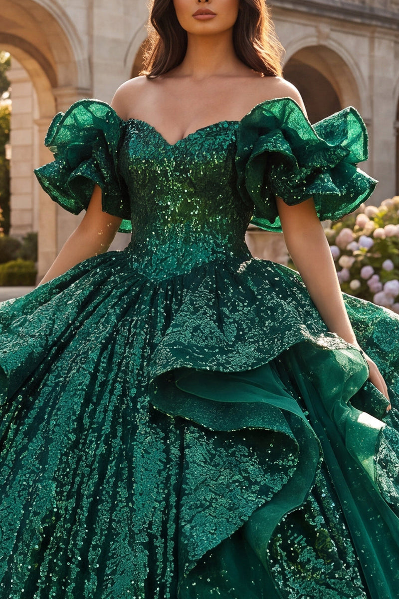 Load image into Gallery viewer, Sparkly Dark Green Sequin Long Prom Dress with Ruffles