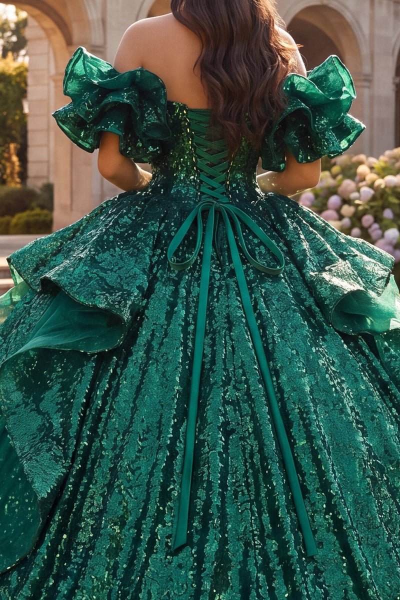 Load image into Gallery viewer, Sparkly Dark Green Sequin Long Prom Dress with Ruffles