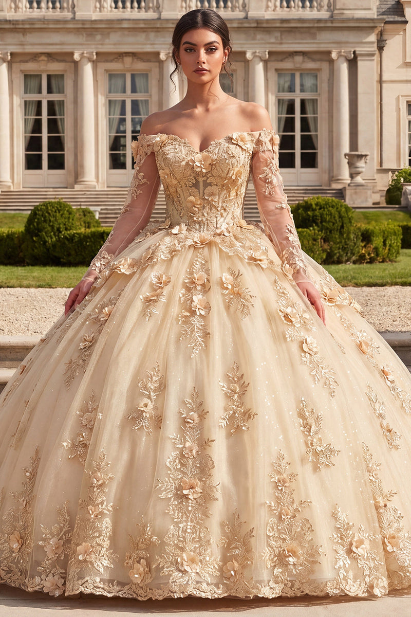 Load image into Gallery viewer, Floral Long Sleeves Corset Champagne Glitter Long Prom Dress