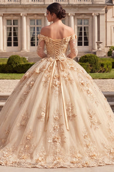 Floral Long Sleeves Corset Champagne Glitter Long Prom Dress