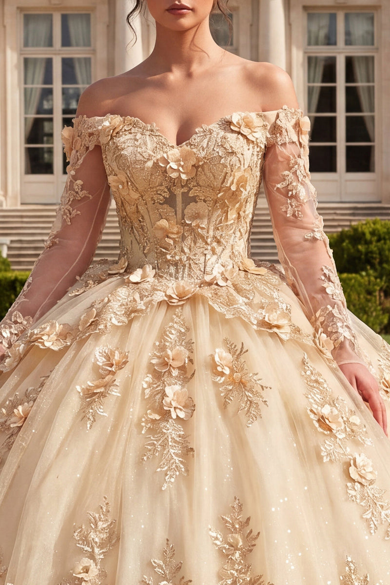 Load image into Gallery viewer, Floral Long Sleeves Corset Champagne Glitter Long Prom Dress