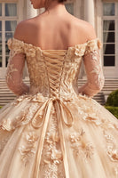 Load image into Gallery viewer, Floral Long Sleeves Corset Champagne Glitter Long Prom Dress