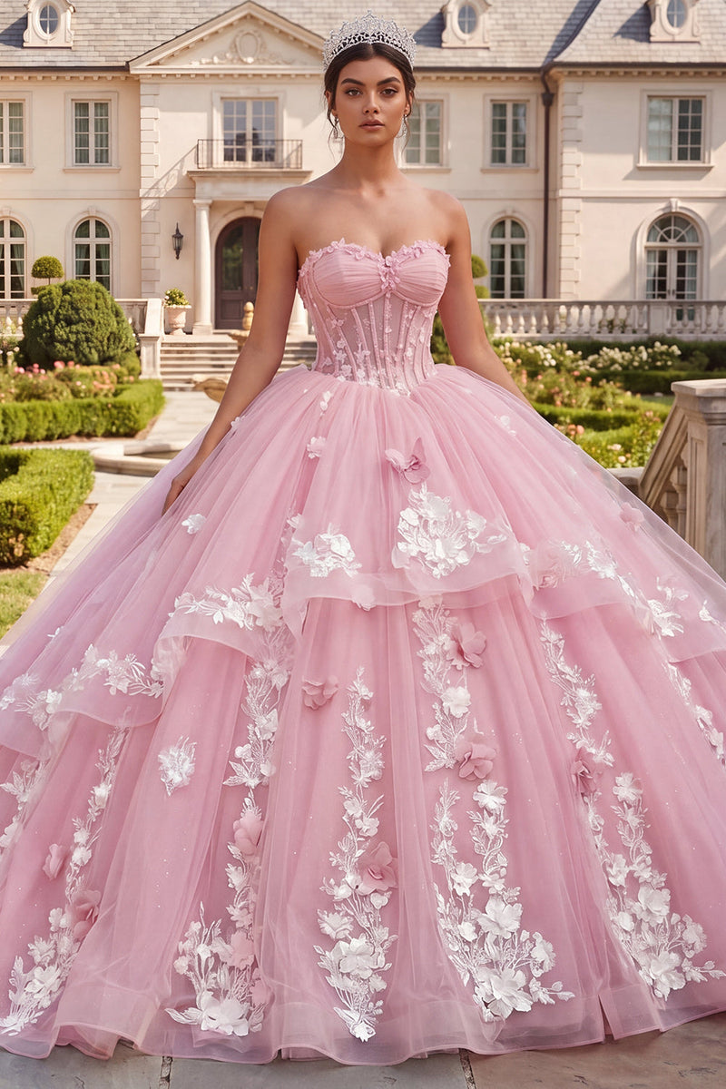 Load image into Gallery viewer, Princess Pink Floral Long Corset Prom Dress with Ruffles