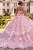 Load image into Gallery viewer, Princess Pink Floral Long Corset Prom Dress with Ruffles
