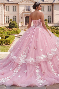 Princess Pink Floral Long Corset Prom Dress with Ruffles