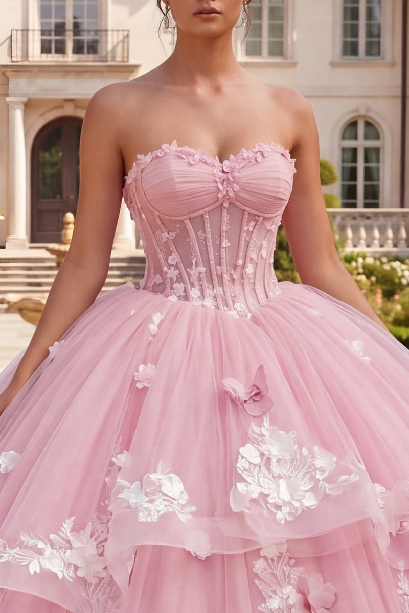 Load image into Gallery viewer, Princess Pink Floral Long Corset Prom Dress with Ruffles